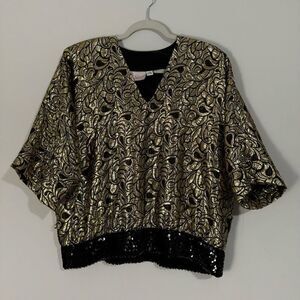Siasia Vintage 80s Gold Metallic Black Sequin Rayon Made in USA Glam Top M